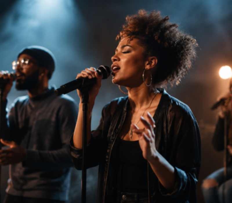 Cantora em performance trabalhando expressão e interpretação vocal